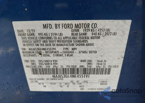 2021 Ford Ecosport Se z USA, uszkodzony, nr VIN MAJ6S3GL4MC455191